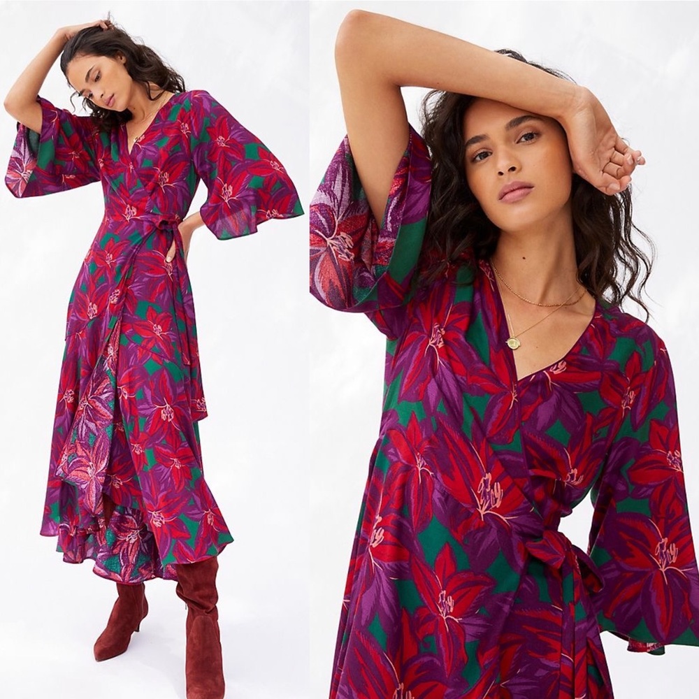 Anthropologie Purple and Green Floral Maxi Dress